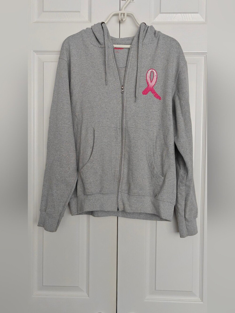 Gray Zip-Up Hoodie with Pink Ribbon Accent, Size L